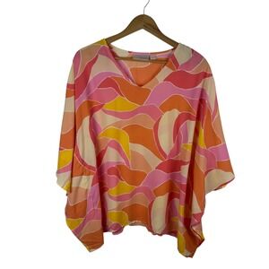 Kim Gravel Belle Abstract Woven Poncho Top Medium V-Neck‎ Caftan Lightweight